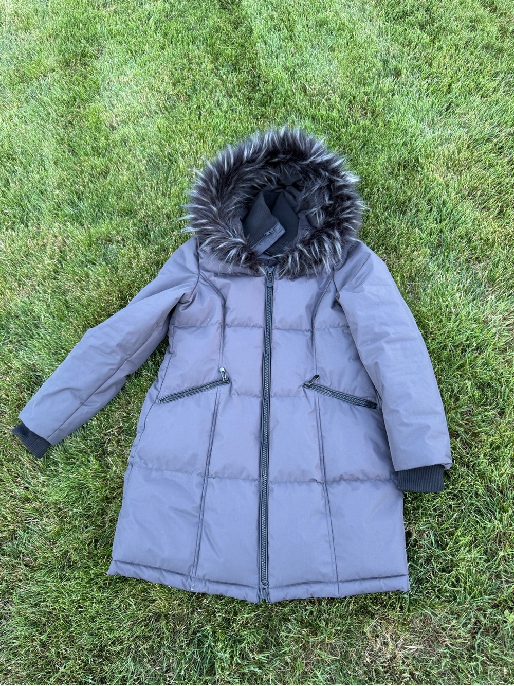 Barneys New York Gray Faux Fur Hooded Puffer Coat Women's Medium